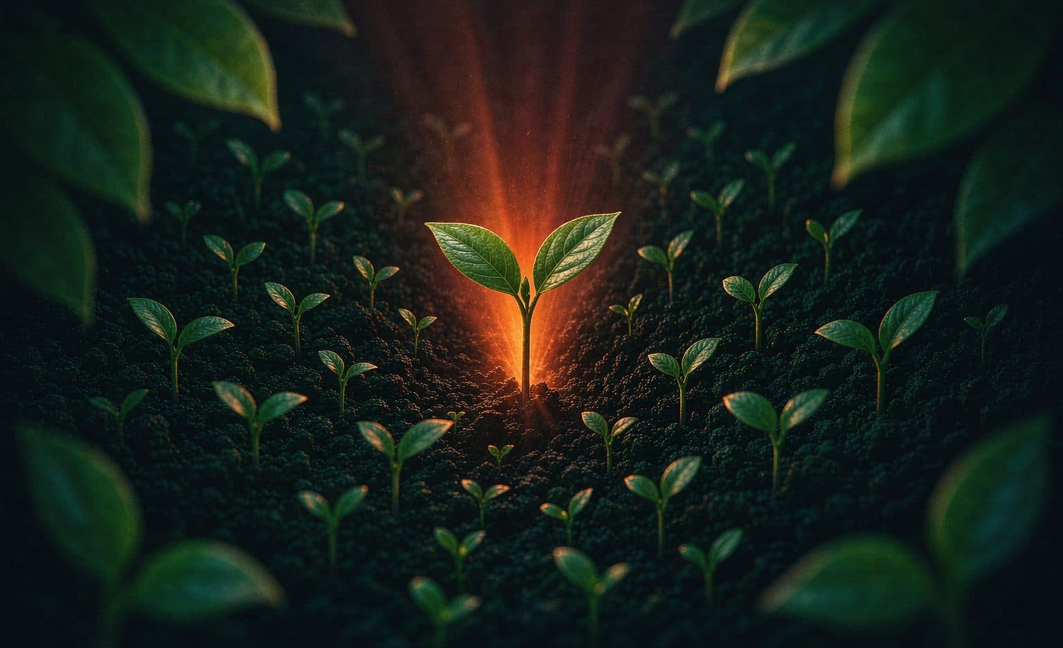 Tiny grassroots converging upward into a tall luminous tree of yield
