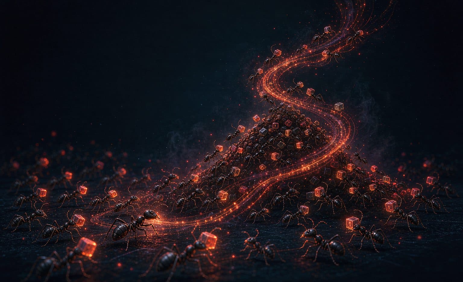 Millions of micro-payment dots aggregating into one final transfer beam