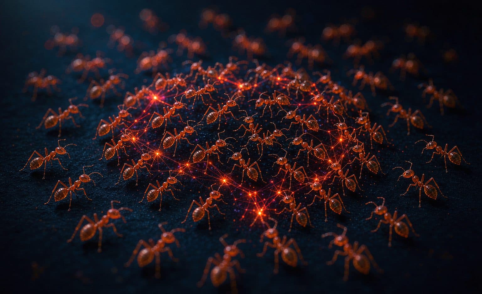 A swarm of tiny glowing ants converging into a single luminous network hub